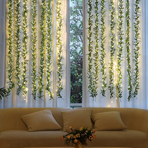 Dolicer 2 Packs Eucalyptus Garland with LED Lights String, 12FT Faux Eucalyptus Greenery Garland, Artificial Hanging Green Leaves Vine Wedding Backdrop Arch Wall Table Decor (Green) - color: Green With Light, size: 2 Packs