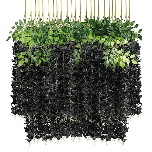 U'Artlines 24 Pack (Total 86.4 Feet) Artificial Fake Wisteria Vine Rattan Hanging Garland Silk Flowers String Home Party Wedding Decor (24, Black) - color: Black