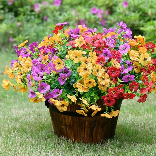 LADADA 12 Bundles UV Resistant Artificial Flowers Outdoor, Fake Daisy Faux Plants with Eucalyptus for Outside Planter Yard Home Patio Garden Decoration, Multicolor - color: Red Yellow Purple