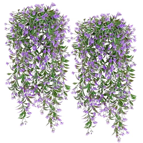 TOCHGREEN 4Pcs Artificial Hanging Plants Fern Vine, Faux Plastic Plants Fake Ivy Vine Greenery Garland with Purple Flower, Outdoor Indoor Decorations for Living Room Balcony Garden Wall Home Decor - color: Purple