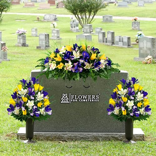 Sympathy Silks Artificial Cemetery Flowers - Grave Decoration - Yellow Tulips and Purple Iris (1) Headstone Saddle (2) Bouquets (2) Vases - color: Yellow/Purple, size: (1) Saddle (2) Bouquets (2) Vases