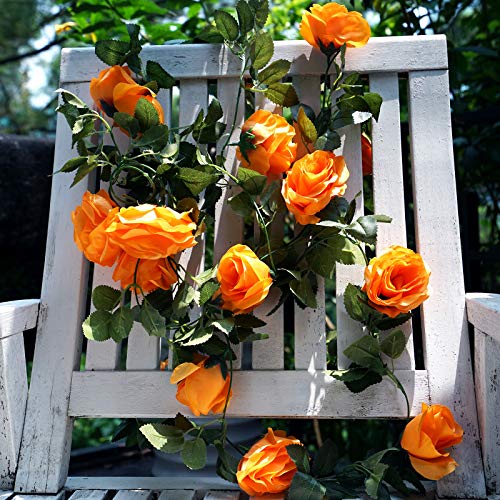 FiveSeasonStuff Warm Orange Artificial Rose Garlands, Four Separate Faux Flower Vines with Greenery - color: Mandarin Orange