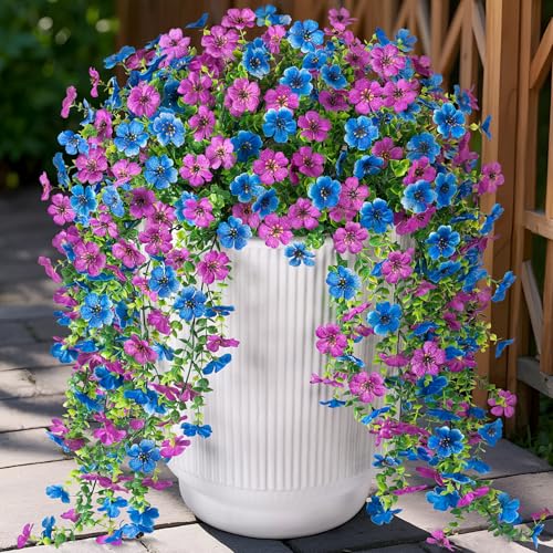 Artificial Flowers for Outdoors Home Decor, 2 Packs Faux Daisy Silk Flower Realistic Fake Plants for Front Porch Courtyard Outside Hanging Floral Spring Summer Fake Planter Decoration (Purple Blue) - color: Dpurple Blue
