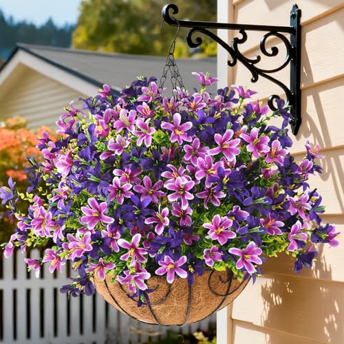 INQCMY Artificial Hanging Flowers for Outdoors, 5 Bundles UV Resistant Artificial Hanging Baskets,All Weather Fake Flowers for Patio, Porch, Yard, Window Box,Home for Spring Summer Decoration. - color: Light Red Purple