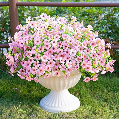 Artificial Fake Flowers Plants for Outdoors Spring Summer Decoration,Faux Flowers Plants Greenery UV Resistant Silk Daisy Realistic for Outside Planter Front Porch Patio Garden Home 16 Bundles（Pink） - color: Pink