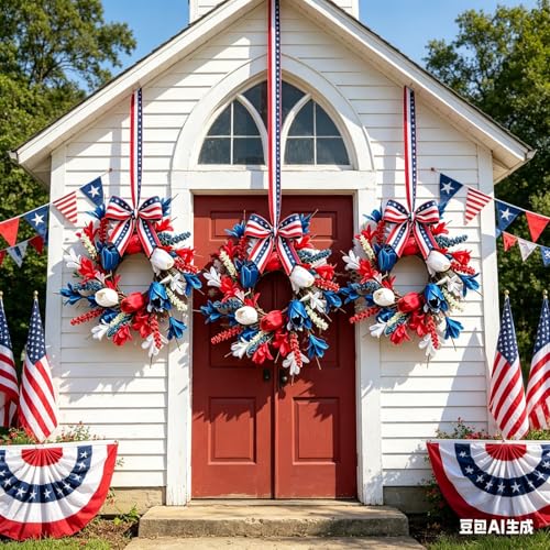 6 Pcs Small 4th of July Hanging Wreaths for Cabinets with Red White Blue Tulips Blooms Artificial Mini Independence Day Mini Candle Ring Wreath for Memorial Day Front Door Window Porch Wall Decor - color: Patriotic-5