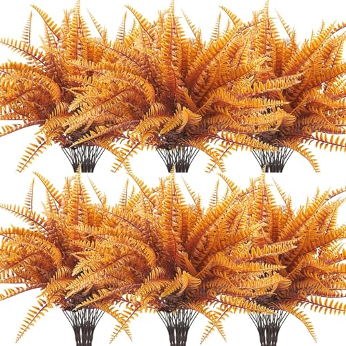 Uieke 48 Bundles Artificial Boston Fern Fall Plant Fall Decor Outdoor UV Resistant No Fade Faux Plastic Greenery Bushes for Home Fall Front Door Porch Garden Autumn Decor - color: Orange and Green-48 Bundles
