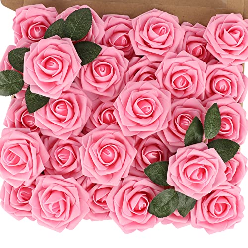 MACTING Artificial Flowers 30PCS Pink Fake Flowers with Stem Real Touch Soft Foam Roses Wedding Bouquet Table Centerpieces Party Bridal Shower Birthday Home Summer Decorations - color: Pink, size: 30PCS