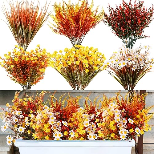 Cindeer 24 Bundles Artificial Flowers Planters Bulk for Outdoors, UV Resistant Artificial Fake Greenery Plastic Faux Flowers Plant Outdoor Indoor Spring Summer for Decors Wedding(Fall Color) - color: Fall Color