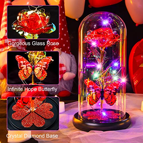 Mothers Day Rose Gifts for Mom Birthday Gift for Women Galaxy Glass Rose in Glass Dome Forever Eternal Crystal Roses with Butterfly Mother's Day Flower Gifts for Women Wife Grandma Daughter Sister Red - color: E Red