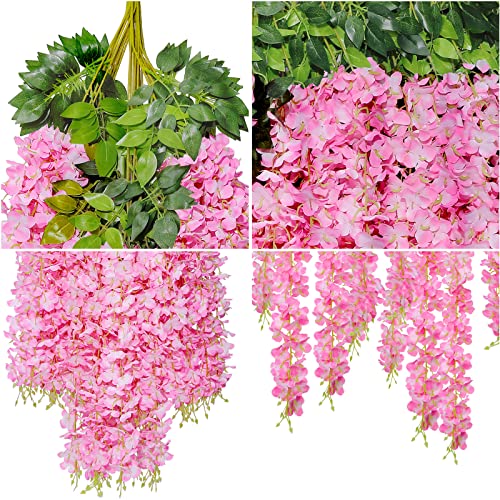 U'Artlines 24 Pack (Total 86.4 Feet) Artificial Fake Wisteria Vine Rattan Hanging Garland Silk Flowers String Home Party Wedding Decor (24, Pink) - color: Pink