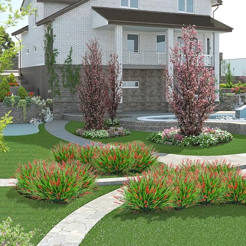 Bassion Artificial Flowers for Outdoors, 24 Bundles Fake Lavender Flowers UV Resistant Red Plastic Plants Faux Monkey Grass for Home Porch Garden Window Box Indoor Outdoor Decorations - color: Red, size: 24 Bundles