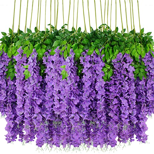 6pcs Artificial Wisteria Flowers 3.6 Feet/Piece Purple Dense Artificial Fake Wisteria Vine Ratta Hanging Garland Silk Flowers String Home Party Wedding Decor（Purple-Dense） - color: Purple, size: 6 PCS