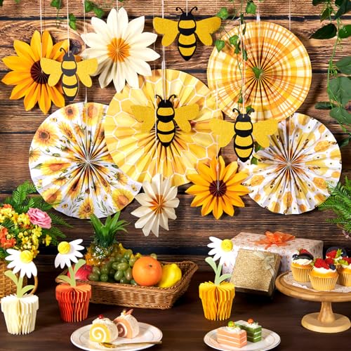 PAPER JAZZ Sunflower Paper Fan,Sunflower Party Decoration Hanging for Wall Sun Flower Paper Garlard with Bumble Bee Baby Shower for Yellow Birthday Party Bulletin Board Classroom - color: Bee&sunflower