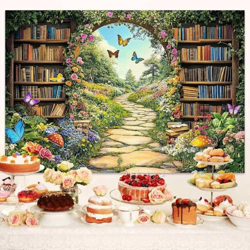 Enchanted Forest Fairy Library Backdrop, Spring Woodland Bookshelf Tea Party Photography Background, Green Floral Plant Birthday Party Decorations Baby Shower Banner Photo Booth Props 5X3FT - color: Brown, size: 5X3FT