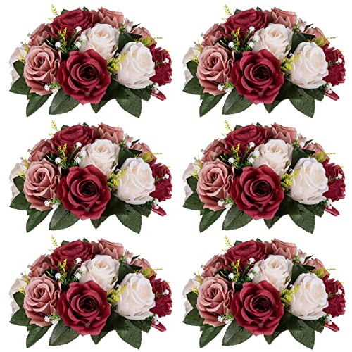 Nuptio Artificial Flower Centrepieces for Tables - 6 Pcs Burgundy & Dusty Rose & Creamy White Fake Flowers Roses Balls 9.5in Diam - Silk Faux Rose Arrangement for Wedding Party Centerpiece Table Decor - color: Burgundy & Dusty Rose & Creamy White, size: 6