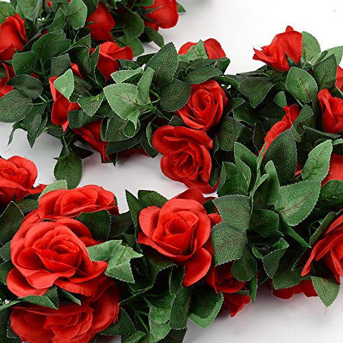 5pack Flower Garland Artificial Fake Rose Garland Vine Artificial Flowers for Decoration Floral Garlands Decor-Total 41 Ft (Red) - color: Red
