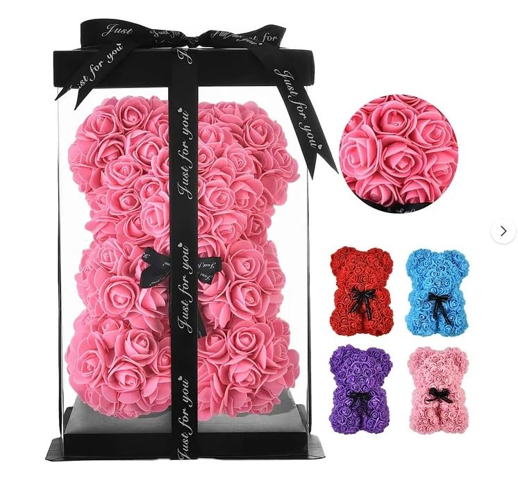 Artificial Rose Flower Bear,Perfect Romantic Gift for Her, Valentine's Mother's Day, Christmas, Birthday,Thanksgiving Party Anniversary Girl Friend Wife Light Strips and Greeting Cards (Pink) - color: Pink