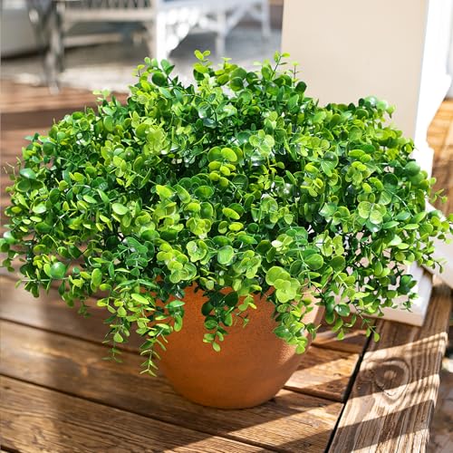 HyeFlora Artificial Plants for Outdoors Outside Spring Summer Decoration, 12 Bundles Faux Eucalyptus Leaves Stems Bulk Fake Greenery Branches Look Real UV Resistant for Home Porch Patio Planter Yard - color: Green Eucalyptus