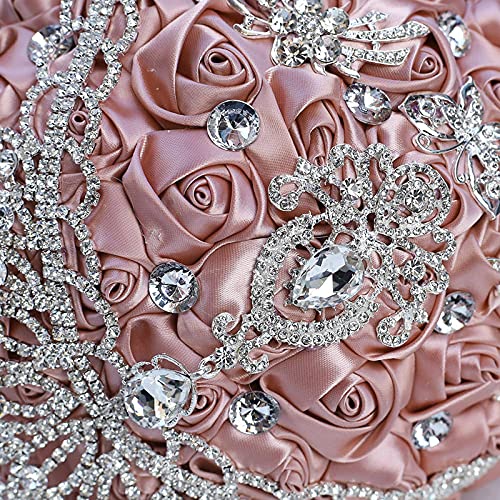 XINNI Handmade Bridal Wedding Bouquet Bride Bridesmaid Satin Rose Flower Bouquet with Drop-Shaped Rhinestone Wedding Decoration (Dusty Pink) - color: Dustypink