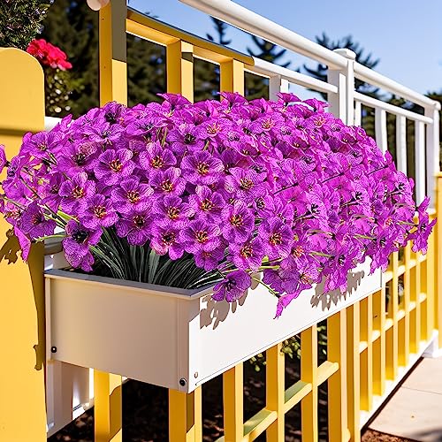 Kinisty 20 Bundles Outdoor Artificial Flowers UV Resistant with Purple Faux Silk Flowers and No Fade Fake Plastic Plants for Spring Summer Outside Planters Porch Window Box Garden Decor - color: Violet