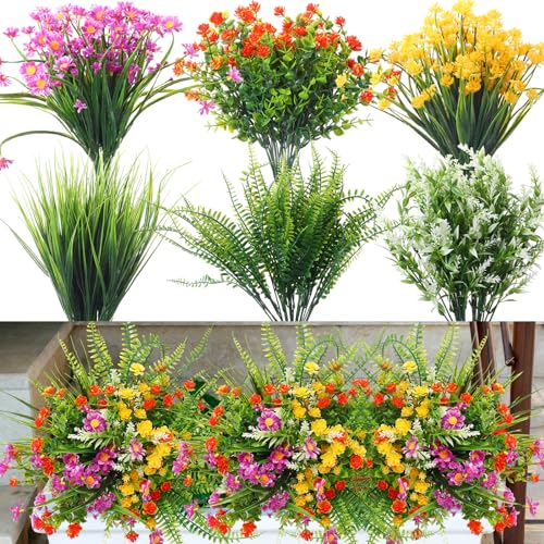 Cindeer 24 Bundles Artificial Flowers Planters Bulk for Outdoors, UV Resistant Artificial Fake Greenery Plastic Faux Flowers Plant Outdoor Indoor Spring Summer for Decors Wedding(Sweet Color) - color: Sweet Color