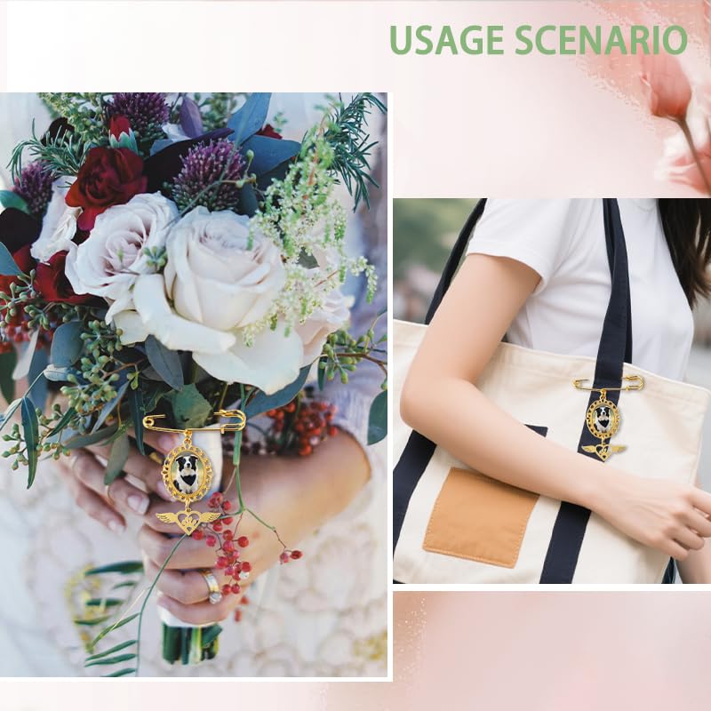 Wedding Bouquet Charm Dog Gold Picture Photo Frame Pin Pet Memorial Brooch Boutonniere Lace Oval Picture Charm With Heart Pendant Wing Pins for Grooms Bride Bridal Flower Bouquet Photo Pin