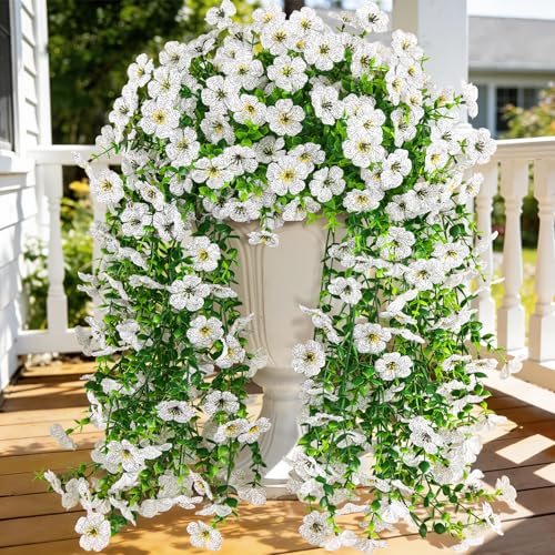 4 Pcs Artificial Hanging Flowers for Outdoor, Fake Silk Daisy Flowers Spring Summer Decoration UV Resistant Faux Plants for Planter Front Door Porch Patio Balcony Yard Decor, White - color: White