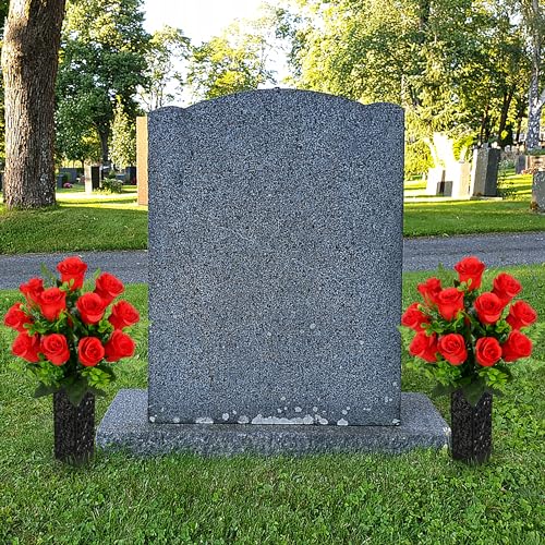 Artificial Cemetery Flowers, Grave Memorial Flowers, Set of 2 Artificial Rose Bouquet with Vase for Cemetery Headstones Gravesites Decoration (Red) - color: Red