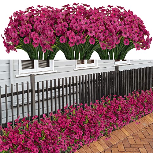 LikSoor 21 Bundles Artificial Outdoor UV Resistant Flowers No Fade Fake Outside Flowers Plastic Greenery Faux Shrubs Garden Porch Window Box Home Decoration(Rose Red) - color: Rose Red
