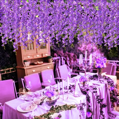 12 PCS Wisteria Hanging Flowers, 3.6ft Fake Vines Artificial Wisteria Garland Silk Flower String for Wedding Arch Garden Party Home Ceiling Wall Backdrop Tent Decoration (Light Purple) - color: Light Purple, size: 12 Pack