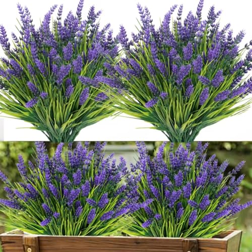24 Bundles Artificial Plants Outdoor, UV Resistant Lavender Flowers Artificial Plastic Fake Lavender with Monkey Grass for Garden Porch Patio Yard Window Box Planter Decor(Grass with Purple Flowers) - color: Grass With Purple Flowers, size: 24 Bundles
