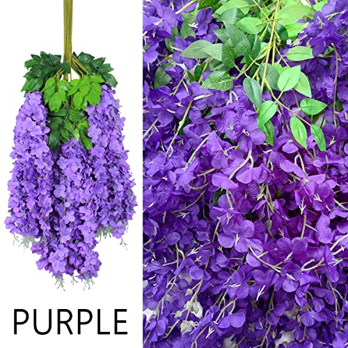 12pcs Artificial Wisteria Flowers 3.6 Feet/Piece Purple Dense Artificial Fake Wisteria Vine Ratta Hanging Garland Silk Flowers String Home Party Wedding Decor（Purple-Dense） - color: Purple, size: 12 PCS