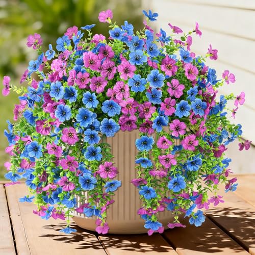 INQCMY 2Pcs Artificial Fake Hanging Flowers for Outdoors UV Resistant Artificial Plants for Spring Summer Decor Look Real Faux Flowers for Outside Home Planter Porch Patio Decor - color: Purple Blue