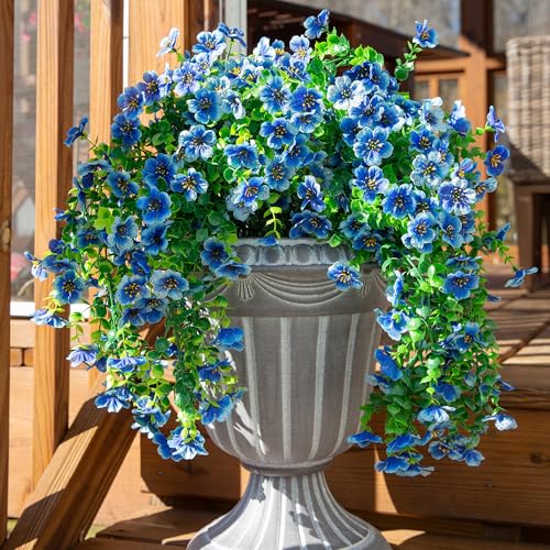 HyeFlora Artificial Flowers for Outdoors Decoration, 2Pcs Blue Fake Hanging Spring Summer Decor, Lifelike Plants, UV & Fading Resistant Flower for Porch Patio Balcony Planter Yard Home Garland - color: Blue