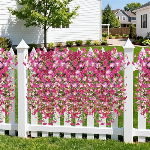 Artificial Fake Flowers Plants for Outdoor Spring Summer Decoration,2 PCS Faux Silk Morning Glory with Eucalyptus Leaves,UV Resistant Realistic Outdoor Flowers for Balcony Porch Patio Yard Garden - color: Violet Red Pink Red