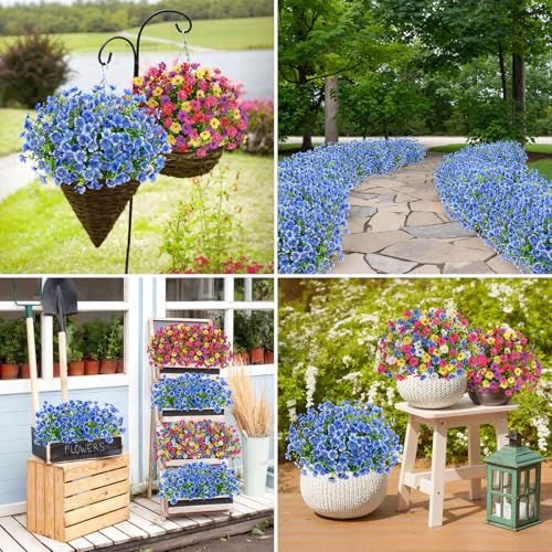 Bassion Artificial Flowers for Outdoors, 16 Bundles UV Resistant Fake Flowers Realistic Silk Faux Plants for Outdoor Planter Window Box Porch Patio Garden Home Outside Decorations - color: Blue