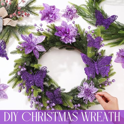 Thiccywoov 122 Pcs Christmas Glitter Poinsettia Artificial Flowers Berry Picks Butterfly Christmas Tree Ornaments 3 Styles Poinsettia kit with Clip for Xmas Wreath Home Tree Decor(Purple) - color: Purple