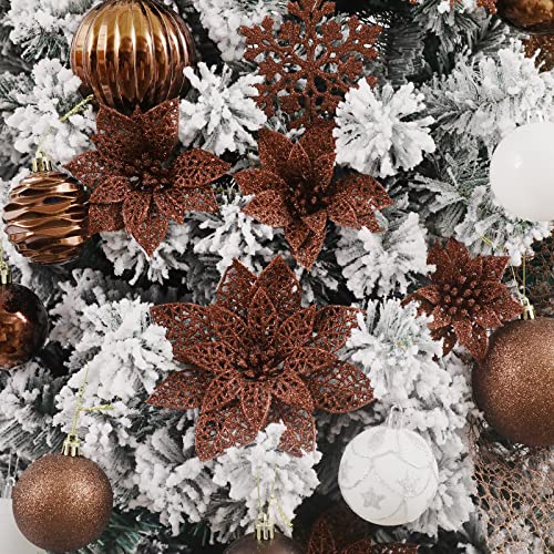 Wironlst 24 Pieces Glitter Poinsettia Flowers Christmas Tree Ornaments, Glitzy Poinsettia Bushes Christmas Decorations for Xmas/Holiday/Seasonal/Wedding (Brown) - color: Brown