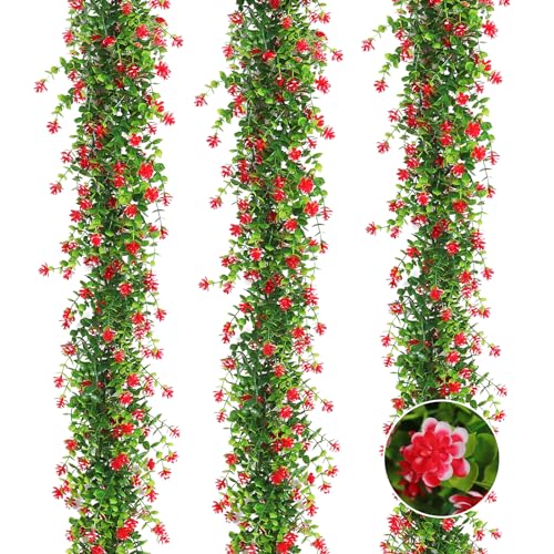 RECUTMS 3 Pack Artificial Spring Eucalyptus Garland Faux Hanging Eucalyptus Plants with Flowers Spring Fake Greenery Vines Garland for Spring Thanksgiving Home Wedding Mantle Wall Decor(Red) - color: Red