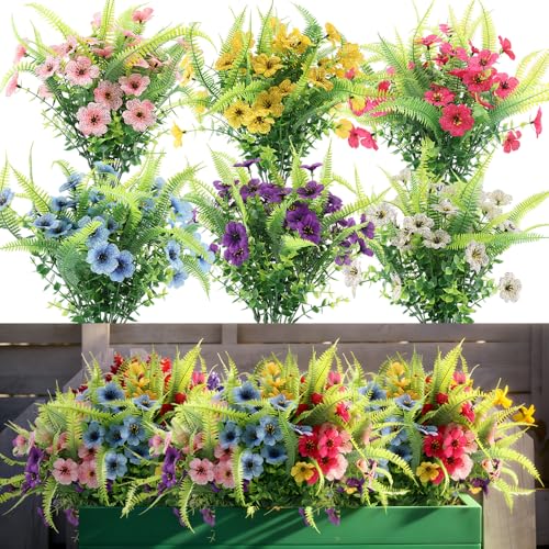 ZEOSTARO Artificial Outdoor Plants 12 Bundles Fake Boston Fern with Eucalyptus Flowers Faux UV Resistant Greenery Garden Window Box Porch Farmhouse Hanging Decor(Mix Flowers&Fern) - color: Mix Flowers&fern