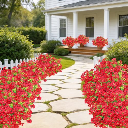 Artificial Outdoor Flowers 16 Bundles UV Resistant Fake Mums Flowers Plants for Decoration Indoor Outdoor Window Box Hanging Planter Home Porch Decor Plastic Faux Flowers (Red) - color: Red
