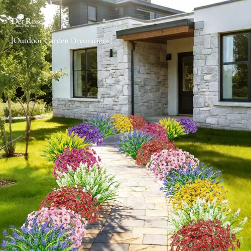 Der Rose 24 Bundles Artificial Flowers for Outdoor Fake Spring Flowers Plants UV Resistant for Home Garden Porch Window Wedding Decor - color: Multi-color B