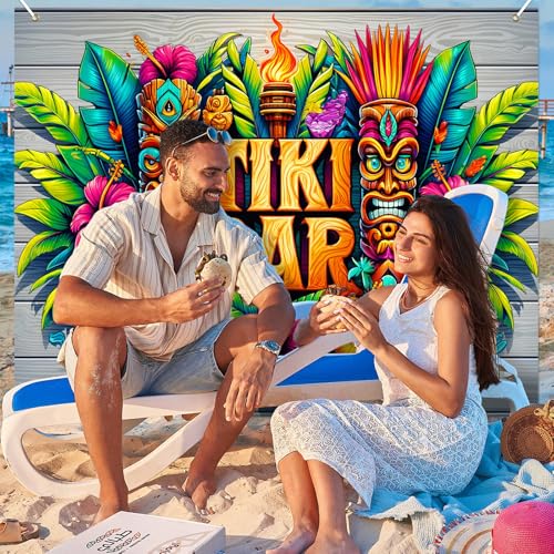 BlissYard Tiki Bar Tropical Party Backdrop 8x6ft Luau Hawaiian Island Mask Design Photo Booth Background for Summer Birthday Beach Pool Party BBQ Event Indoor Outdoor Wall Decoration - color: Summer Beach#02