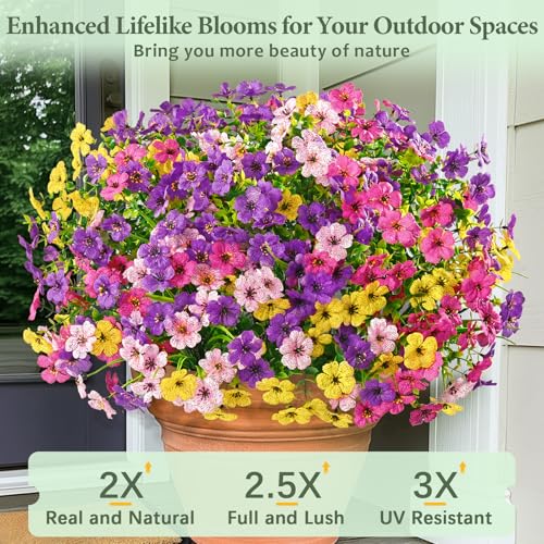 Yastouay 12 Bundles Artificial Flowers for Outdoors, UV Resistant Artificial Outdoor Flowers No Fade Fake Outdoor Flowers Plants for Garden Porch Window Box Farmhouse Pot Planters Decor (Multi ColorA) - color: Fuchsia+pink+rose Red+yellow, size: 12 Bundle
