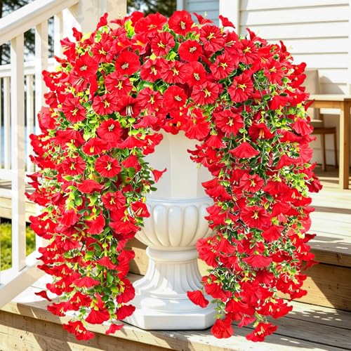 Artificial Hanging Flowers for Outdoors, 4Pcs UV Resistant Faux Morning Glory Flowers Spring Summer Decroation, No Fade Fake Flower Trailing Vines for Porch Patio Balcony Yard Garden (Red) - color: Red