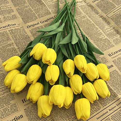 20pcs Artificial Tulips Flowers Fake Faux PU Tulip Bouquet Real Touch Flower Arrangement for Home Room Office Party Wedding Decoration Excellent Gift Idea for Mothers Day (Yellow) - color: Yellow 20
