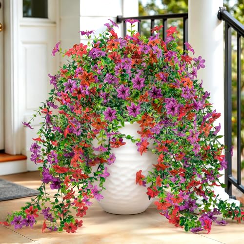 QCQHDU Artificial Hanging Flowers for Outdoors,2Pcs Fake Hanging Plants 29.5 Inch Long for Spring Summer Decoration,UV Resistant Faux Flowers for Patio Porch Garden Yard Balcony Decor, Purple Red - color: Purple Red