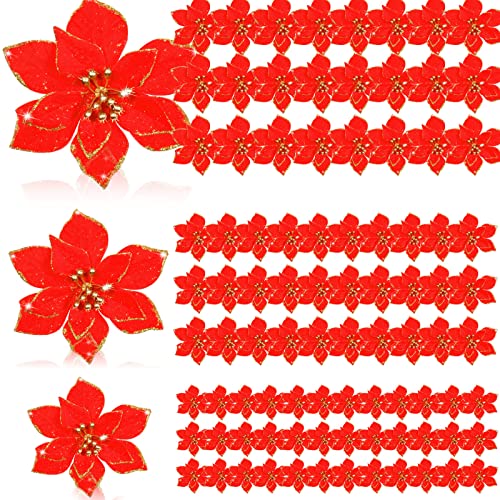 Geosar 100 Pcs 3 Size Christmas Poinsettia Flowers with Clips Glitter Artificial Flowers Small Christmas Tree Ornaments Faux for Xmas Party DIY Craft Wreath Garland New Year, 3/4/6 Inches(Red) - color: Red
