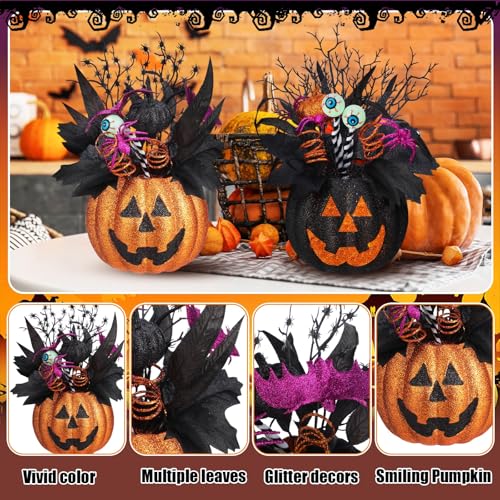 Giegxin 2 Pack Halloween Table Centerpieces Decorations 14'' x 10'' Jack O Lantern Artificial Flowers Pumpkin with Spider and Eyeball Halloween Tabletop Decor for Home Kitchen Indoor Outdoor - style: Jack O Lantern